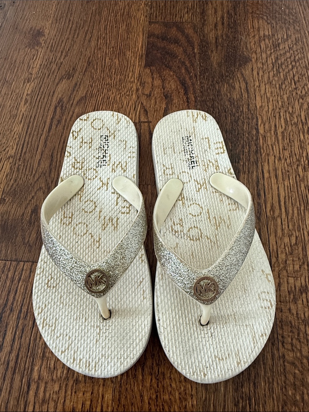 Michael Kors Cream Flip Flops with Gold Glitter Straps